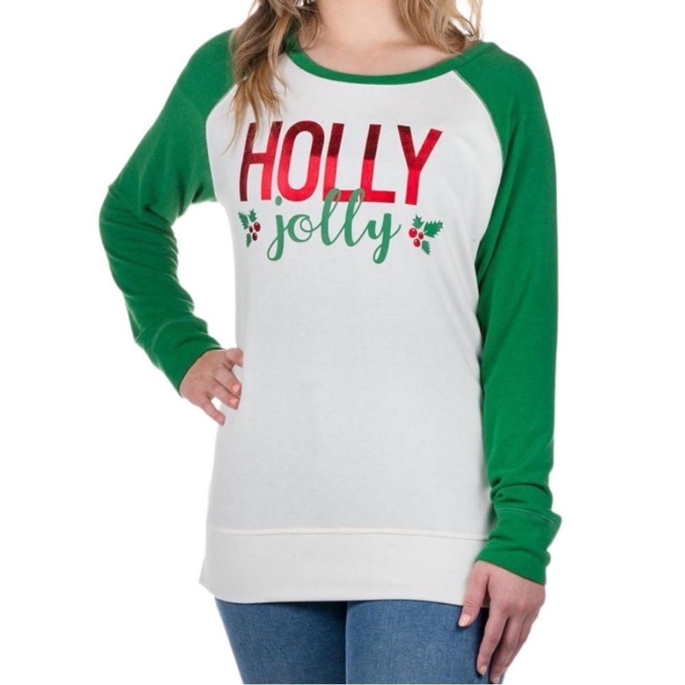 MODERN Canvas Size XL Holiday “Holly Jolly”Top in Cream/Green